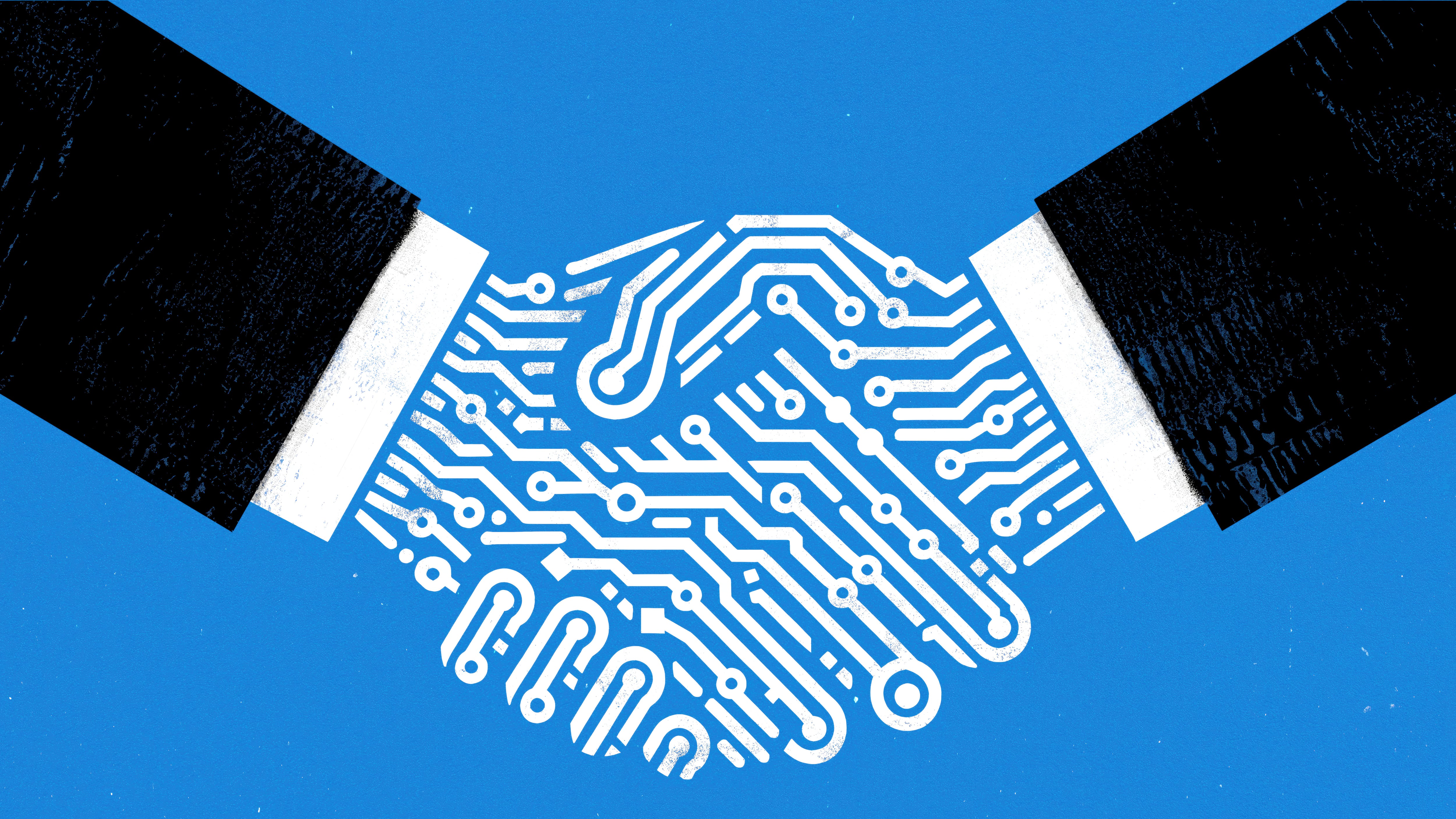 An illustration of two hands coming together in a handshake. The hands and forearms are composed of circuit board patterns, with lines and dots symbolizing electronic connections. This illustration is a metaphor for technology partnerships, digital agreements, smart contracts, or the integration of technology within business relationships. The circuitry within the handshake conveys the idea of connectivity and modern, tech-driven interactions.